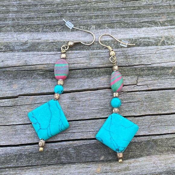 Turquoise beaded drop earrings brass tone genuine stone Canyon Sky - Picture 5 of 6